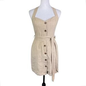 Lost + Wander Tan Stripe Linen Blend Button Down Smocked Halter Neck Mini Dress